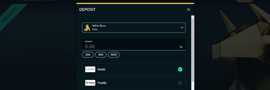 gör en insättning på Golden Bull casino