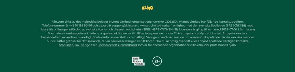 Klirr Casino Licens information