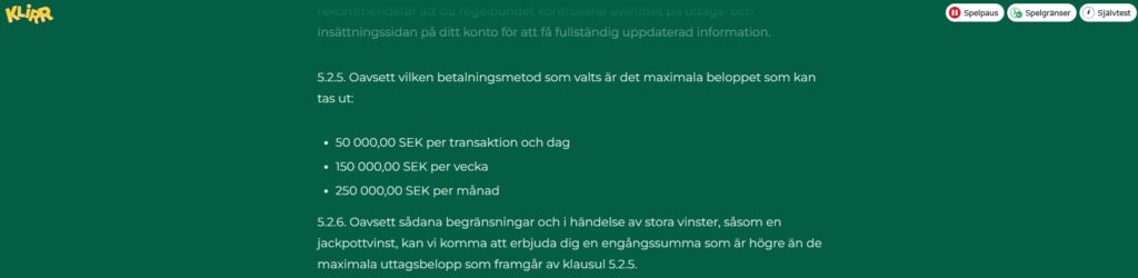 gränser för uttag Klirr casino
