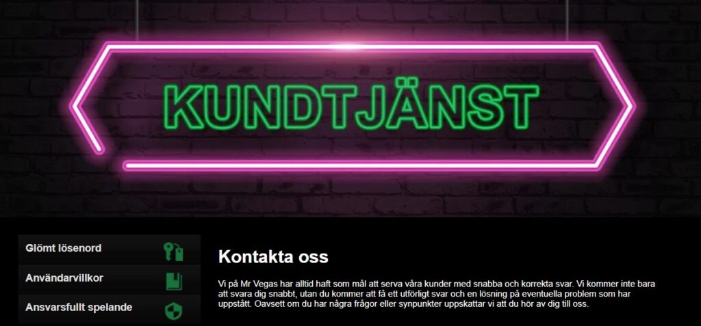 kundsupport hos mr vegas