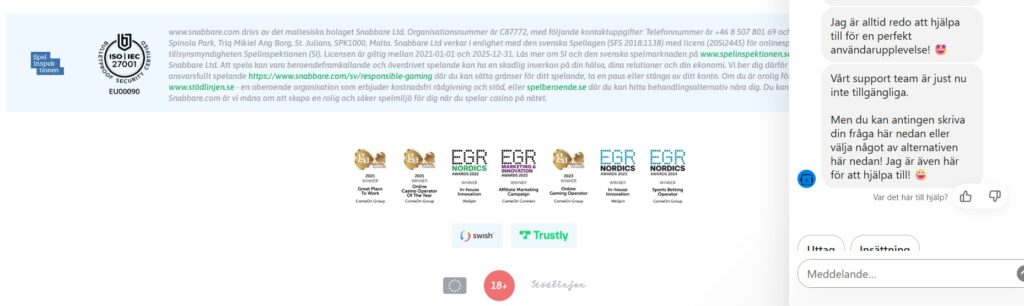 live chat och licens info hos snabbare casino