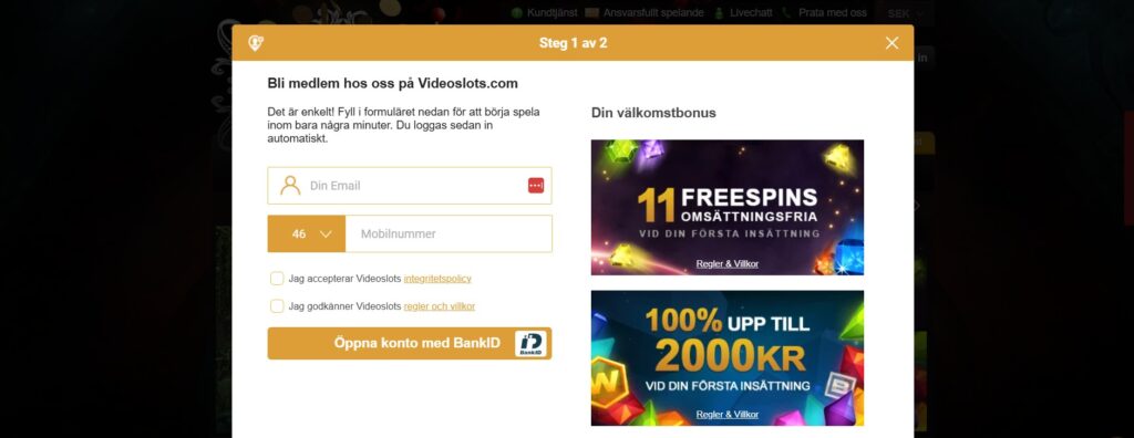 Skapa konto hos Videoslots