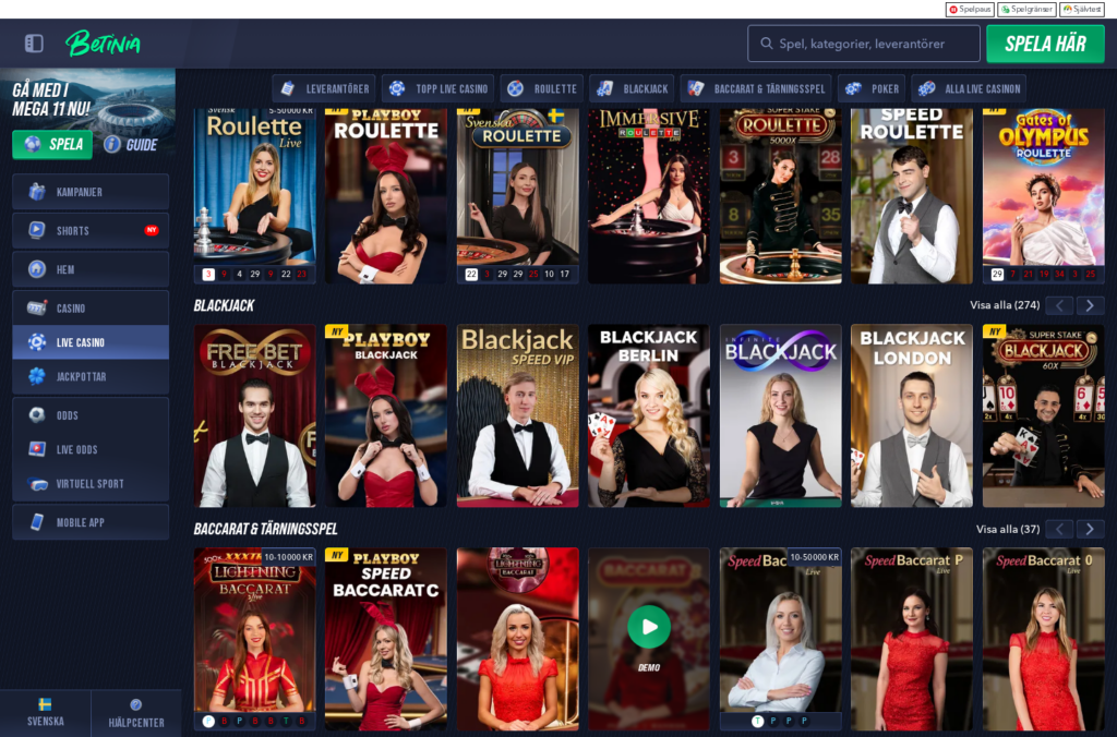Betinia live casino lobby med roulette och blackjack