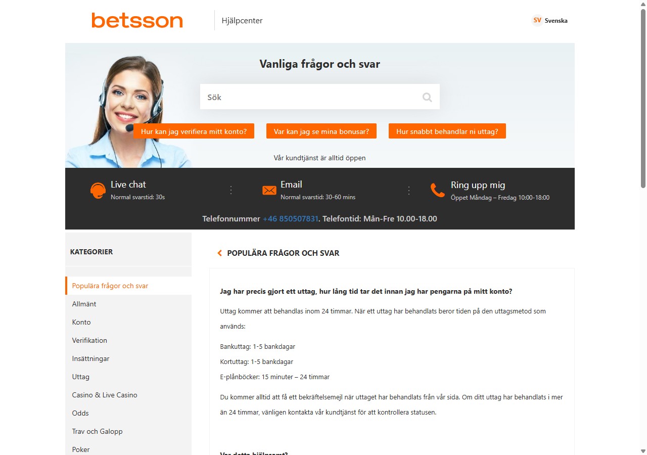Betssons officiella uttagstider per metod