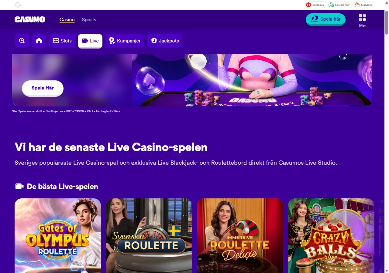 Casumo Live Casino med blackjack, roulette och live-dealers