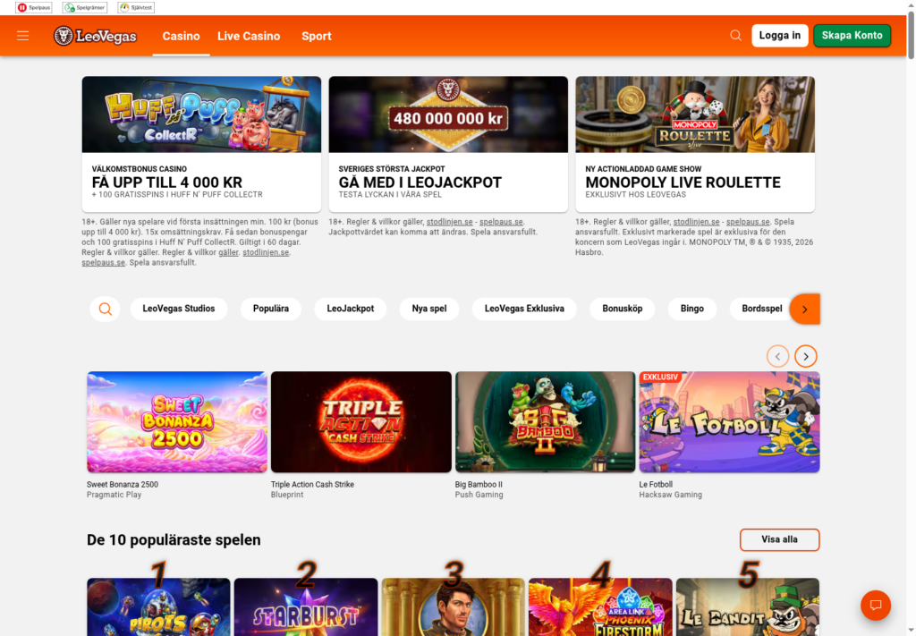 LeoVegas svenska casinosida med välkomstbonus och spelgränser