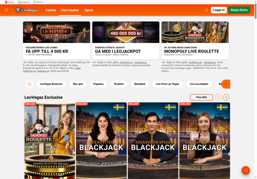 LeoVegas live casino med live-erbjudande och spelkategorier