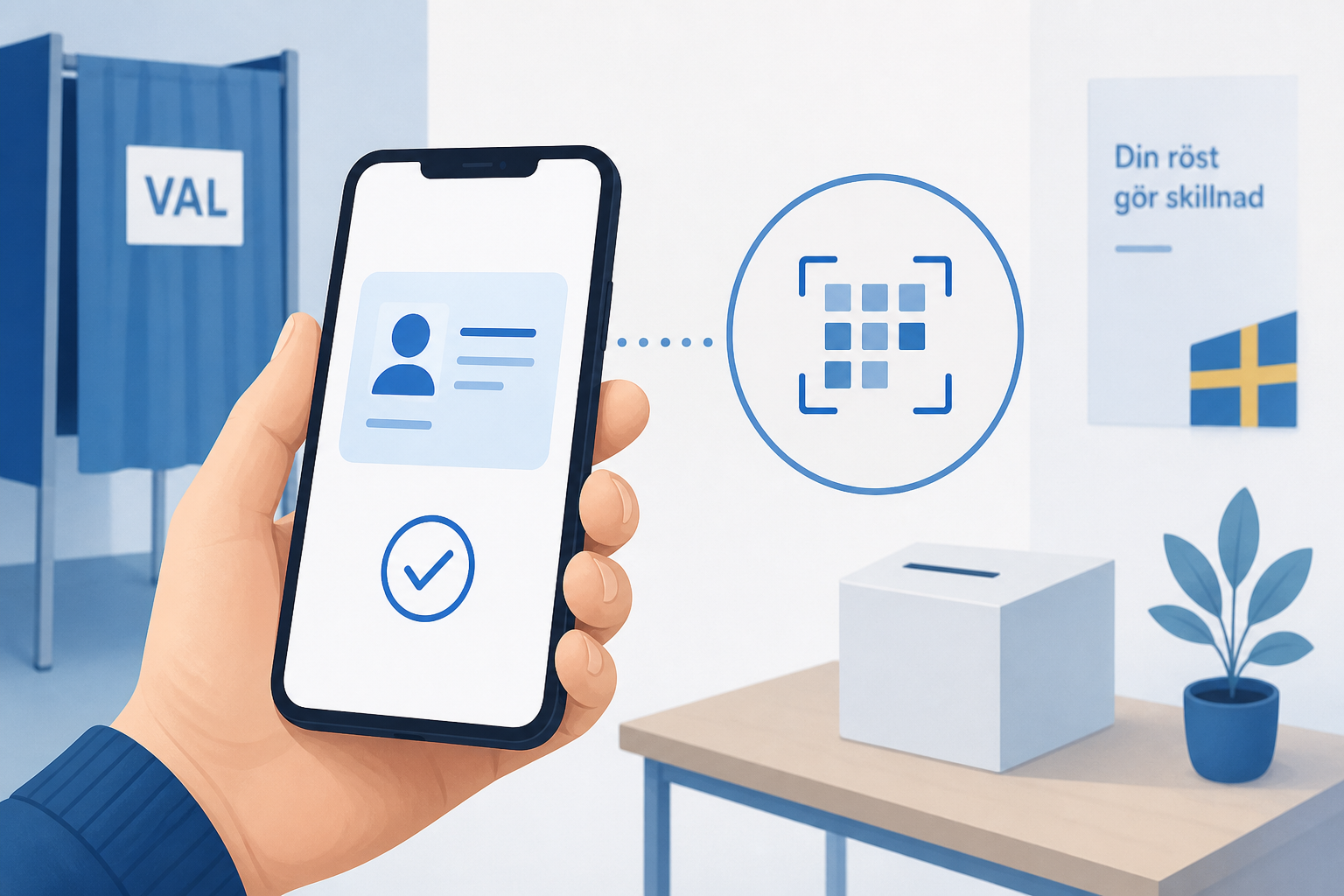 Stilren illustration av mobiltelefon med digitalt id-kort och QR-verifiering inför valet 2026